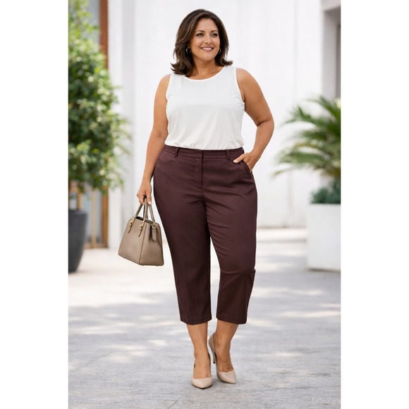 Brown Satin Capri Pants Women Size 16 Mid Rise Elegant Casual - Picture 1 of 6